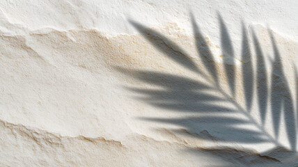 Minimal abstract beach scene with white sand palm leaf shadow textured surface soft sunlight natural background summer calm peaceful relaxing tropical