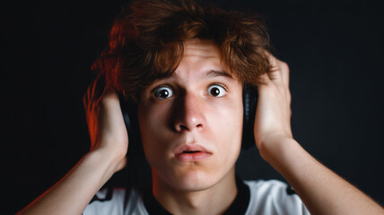 Young male gamer with brown hair wearing headphones looks shocked and surprised, hands on head, intense facial expression, dramatic lighting, black background, emotional esports moment