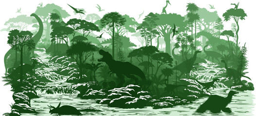vector river in rainforest jungle with dinosaurs: t-rex, patagotitan, neovenator, styracosaurus, utahraptor, spynosaurus, ankylosaurus, triceratops, tyrannosaurus, carnotaurus, deinocheirus © Save Jungle