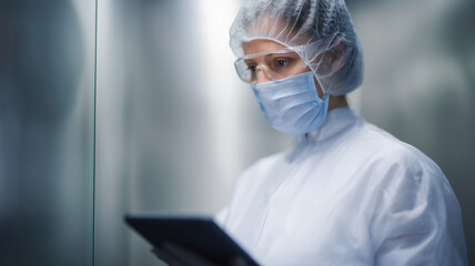 Scientist researcher sterile lab digital tablet protective clothing mask safety glasses laboratory technology healthcare professional working in cleanroom environment with focus and precision