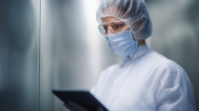Scientist researcher sterile lab digital tablet protective clothing mask safety glasses laboratory technology healthcare professional working in cleanroom environment with focus and precision