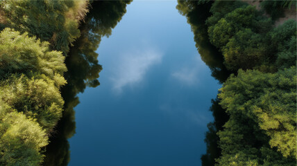 Top view of riverbank with lush green foliage reflecting in calm blue water under clear sky, creating peaceful and serene natural landscape