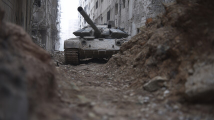 Urban warfare military tank navigating through narrow destroyed city street, surrounded by rubble and damaged buildings, conveying tension and conflict in war zone environment