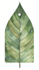 A detailed watercolor illustration of a single, stylized green leaf with a pointed tip and a circular hole, isolated on a white background.