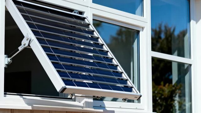 Medium shot of adjustable solar panel louvers optimizing shade to enhance cooling efficiency under bright daylight