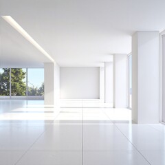 Obraz premium A bright, airy white room featuring expansive floor-to-ceiling windows that invite natural light, complemented by a sleek white floor for a modern feel.