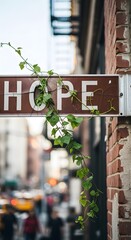 A close-up view of a sign with the word 'HOPE' attached to a brick wall, with green vines growing around it in an urban environment during daytime