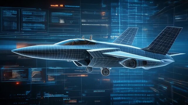 Futuristic jet fighter displayed in wireframe design with digital background showcasing advanced technology