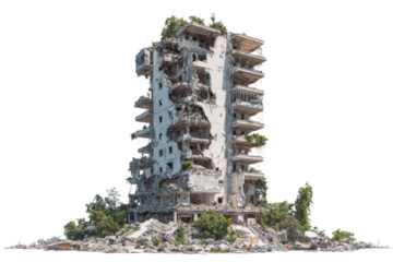 Collapsed concrete apartment building with overgrown vegetation and debris ruin destruction, Isolated On Transparent Background, Png Cut Out