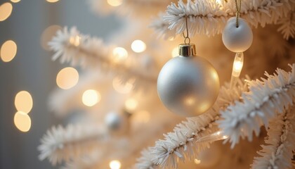 Elegant white Christmas tree with silver baubles and warm glowing lights in a festive holiday setting