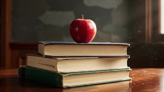 Red Apple on Stacked Books with Wood Table and Dark Green Background in Warm Ambient Light Perfect for Back to School Stock Photography Themes and Educational Content