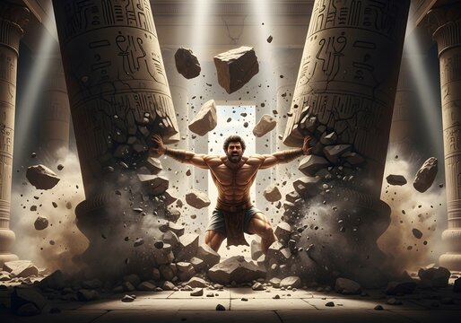 Biblical scene of Samson pulling down stone pillars with dramatic falling debris