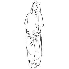Casual Wear Illustration, Minimalist Line Art of a Woman in Jeans and T-shirt
​
