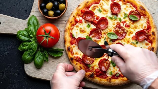 Pizza Perfection: Capturing the art of pizza making, a culinary masterpiece is being skillfully sliced. The scene showcases a delicious pepperoni pizza.