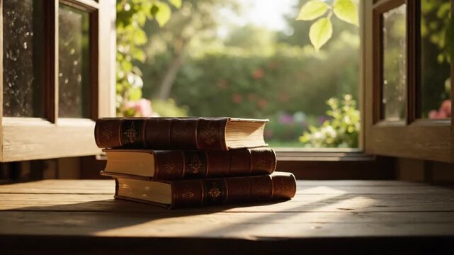 Stack of Classic Leather Bound Books by Open Window Overlooking Sunlit Garden Displaying Academic Tranquility and Serenity Against Serene Lush Greenery with Educational Undertones