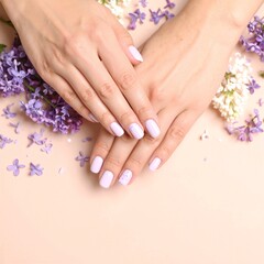 Fototapeta premium A close-up of a woman's hands showcasing beautifully manicured nails in a striking purple and white design, highlighting elegance and style.