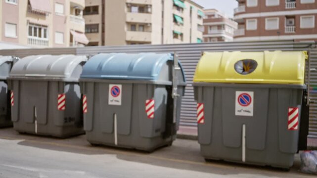 Blurred row of garbage containers in shallow bokeh on a street; background backplate copyspace template.