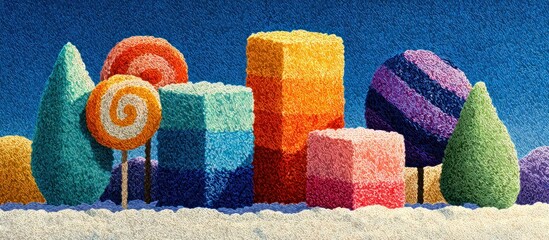 Whimsical candy landscape with vibrant colors and textured aesthetic