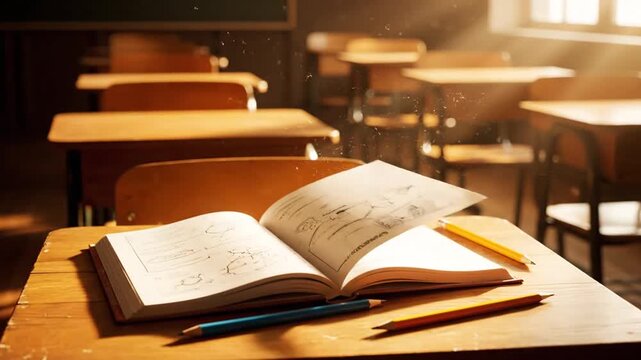 Sunlit Classroom with Open Textbook on Wooden Desk and Rows of Desks in Background with Rays of Light Streaming In Back to School Education Theme Bright Light Filled Learning Space