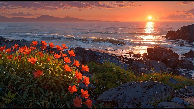Vibrant illustrated coastal sunset with red flowers, crashing ocean waves, and dramatic rocky shore landscape.