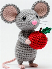 Handmade gray crochet mouse holding a red apple with green leaf, showcasing intricate amigurumi craftsmanship