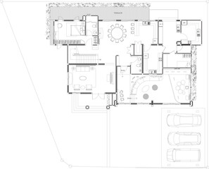 2D Interior Design Drawing Layout for Living Room, Guest Bedroom, Kitchen, Central Hallway, and Additional Interior Spaces