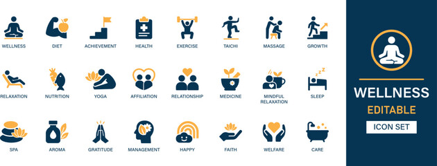 Wellness icon set collection. Diet, achievement, health, exercise, massage, growth, relaxation, nutrition, yoga and best solid icon set.