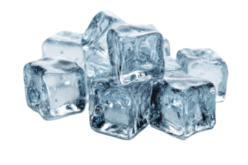 Pile of clear ice cubes with blue tint and internal bubbles on black background transparent frozen, Isolated On Transparent Background, Png Cut Out