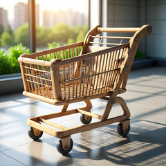 A unique wooden shopping cart stands in a bright indoor setting with a large window view.
