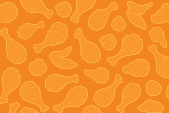 A seamless vector pattern featuring numerous brown fried chicken pieces arranged in a playful repeating layout that highlights crisp textures and warm tones for appetizing food themed design