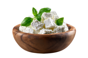 White cheese cubes with green basil leaves in a wooden bowl on black dairy food, Isolated On Transparent Background, Png Cut Out