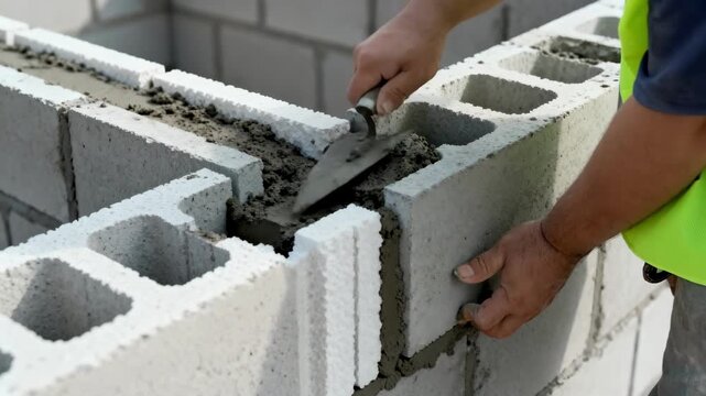 Medium shot of insulated concrete form walls highlighting the assembly of hollow foam blocks filled with concrete for superior thermal insulation and durability.