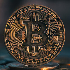 Close-up shot of a golden Bitcoin cryptocurrency coin, showcasing intricate details and design.
