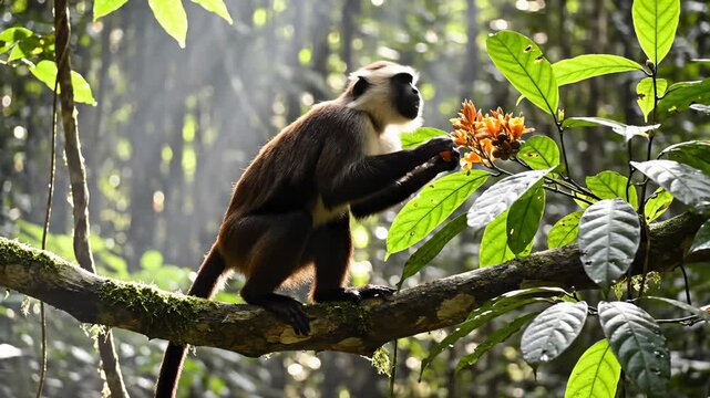 Cercopithecus Monkey Eats Flowers on Branch in Rainforest