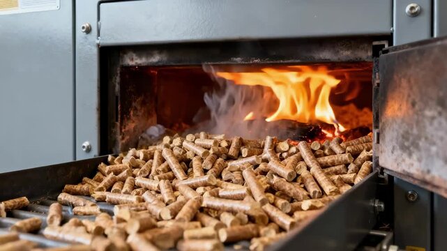 Medium shot of biomass boiler burning wood pellets showing ecofriendly heat production using renewable energy sources