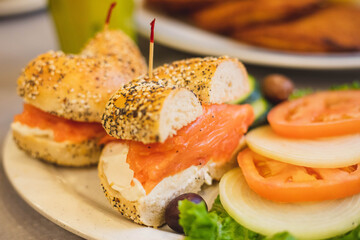 A salmon lox bagel sandwich at a food deli restaurant 