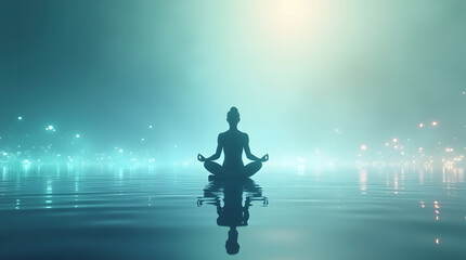 Obraz premium Serene Meditation: Silhouette in Lotus Pose on Water with Ethereal Glow