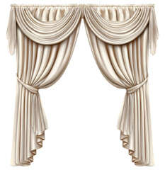 Elegant cream draped window curtains are tied with fabric.
