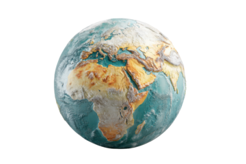 Detailed 3 D globe showing continents Africa Europe Middle East Asia earth world, Isolated On Transparent Background, Png Cut Out