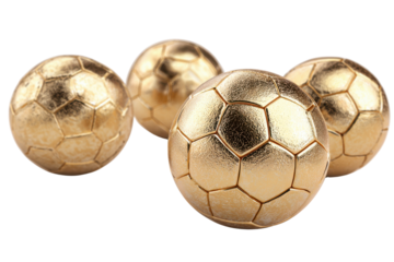 Four golden soccer balls arranged on a black background football, Isolated On Transparent Background, Png Cut Out