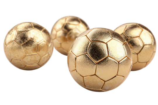 Four golden soccer balls arranged on a black background football, Isolated On Transparent Background, Png Cut Out