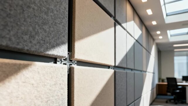 Medium shot of soundproof prefabricated wall installation in modern office highlighting acoustic panels and seamless joints for noise reduction.