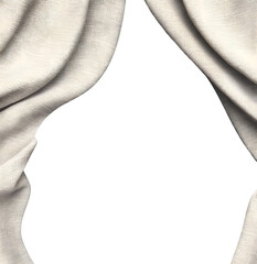 Light fabric drapes part to reveal a black background.