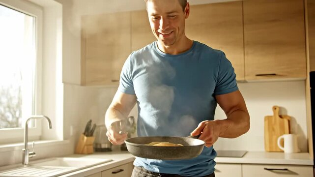 Smiling man actively cooking with a spatula and pan in a bright kitchen.