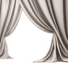 Beige fabric curtains part slightly open revealing a dark background.