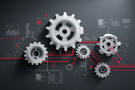 Interconnected White Gears and Cogwheels on Dark Background with Technical Data Overlays