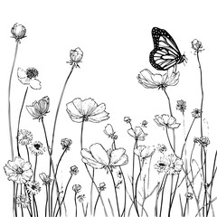Butterfly and cosmos flowers line art drawing vector illustration nature garden floral design element for print 100