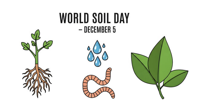 World Soil Day Celebration with Plant Roots, Water Drops, Worm, and Leaves – December 5th