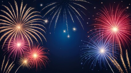 Spectacular fireworks display with radiant colors against a deep blue sky background.