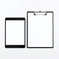 A sleek tablet rests on a wooden desk beside a clipboard filled with documents, showcasing a modern workspace with a minimalist aesthetic.